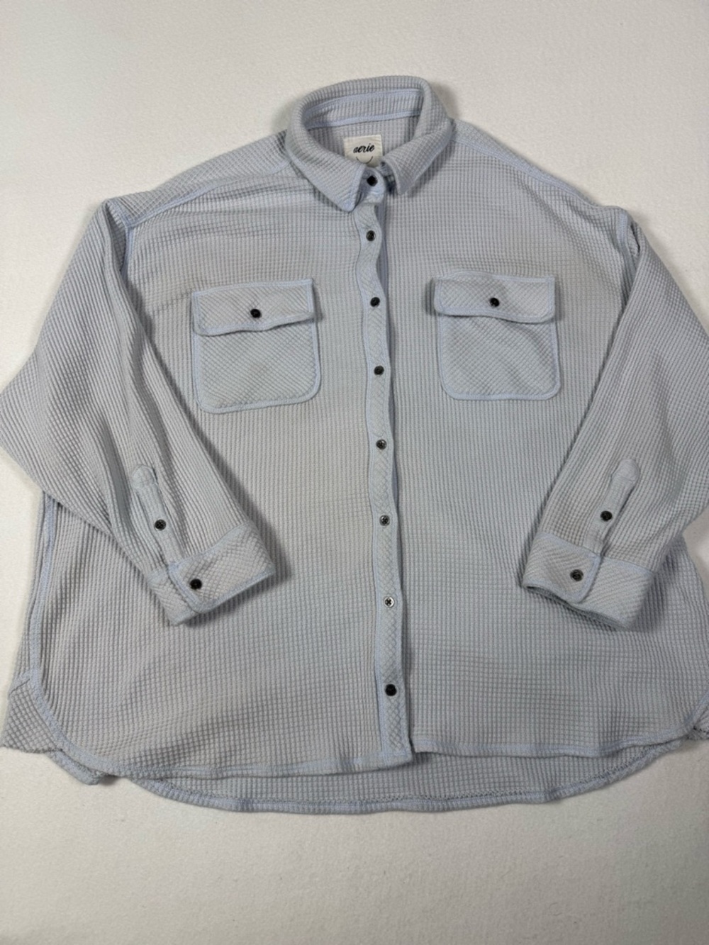 Aerie Shirt Womens Large Blue Lumberjane Waffle Knit Shacket Oversized Thermal